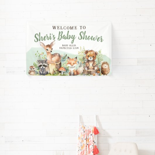Schattigee Waterverf Woodland Animal Baby shower B Spandoek (Insitu)