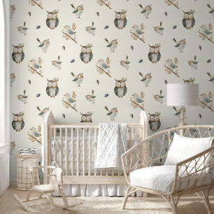 Schattigee Waterverf Woodland Birds Boho Nursery Behang