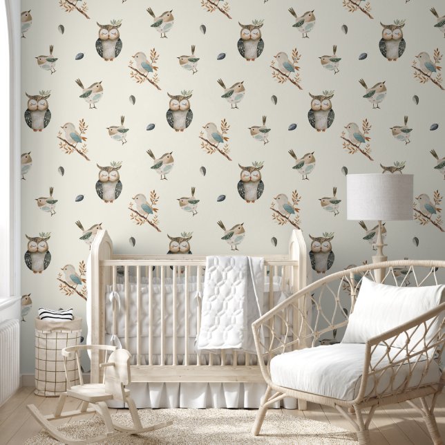 Schattigee Waterverf Woodland Birds Boho Nursery Behang (Kinderen)