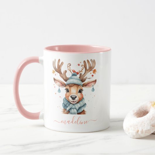 Schattigee Waterverf Woodland Christmas Rendier Mok (Met donut)