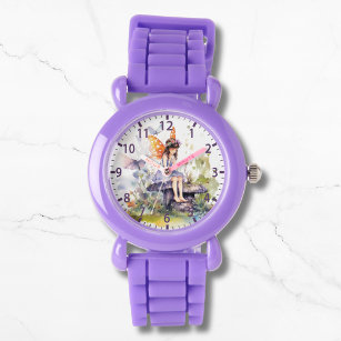 Schattigee Waterverf Woodland Fairy Vlinder Bloeme Horloge