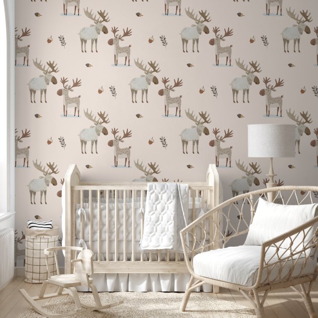 Schattigee Waterverf Woodland Moose Boho Nursery Behang (Kinderen)