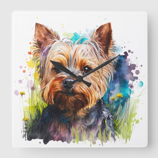 SCHATTIGEE WATERVERF YORKSHIRE TERRIER DOG VIERKANTE KLOK (Voorkant)