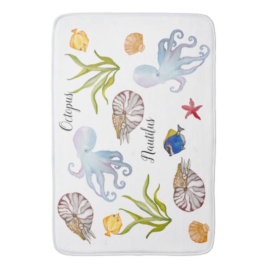 Schattigee waterverf zeebodembewoners badmat (Voorkant Verticaal)