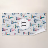 Schattigee Waterverf Zeilboot & Naam Kinder Badhanddoek (Badhanddoek)