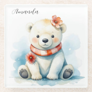 Schattigee Waterverf Zittend Polar Beer Bloemen Glazen Onderzetter