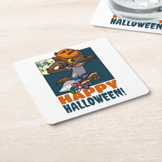Schattigee weerwolf Happy Halloween! Trick or trea Kartonnen Onderzetters (Schuin)