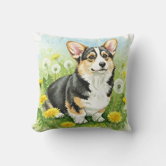 Schattigee Welsh Pembroke Corgi Paardebloemen kuss Kussen (Voorkant)