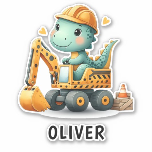 Schattigee Werknemer Dinosaurus op een Graafmachin Sticker (Voorkant)