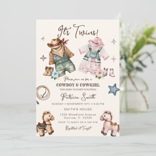 Schattigee Westerne Cowgirl en Cowboy Twin Baby sh Kaart (Staand voorkant)