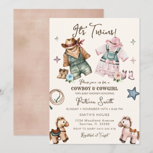 Schattigee Westerne Cowgirl en Cowboy Twin Baby sh Kaart (Voorkant / Achterkant)