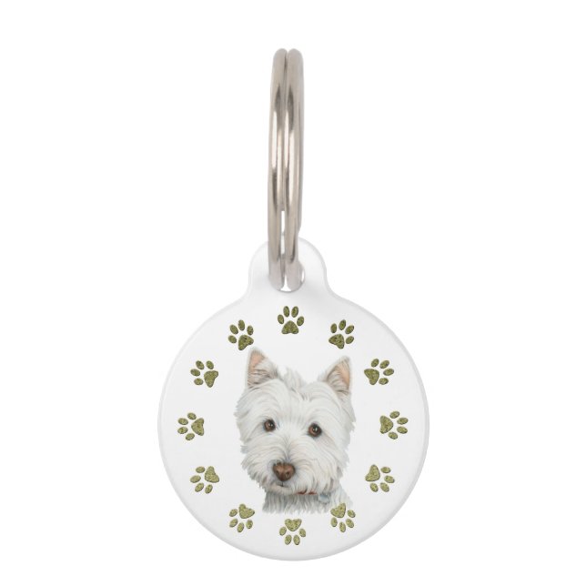 Schattigee Westie Dog and Paws Art Dog Label Huisdierpenning (Voorkant)