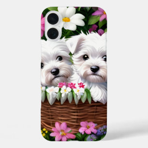 Schattigee Westie Terriër Puppy in Bloemenmand iPhone 16 Plus Hoesje