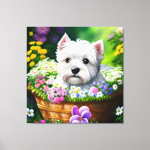 Schattigee Westie White Terrier Puppies in een Man Canvas Afdruk