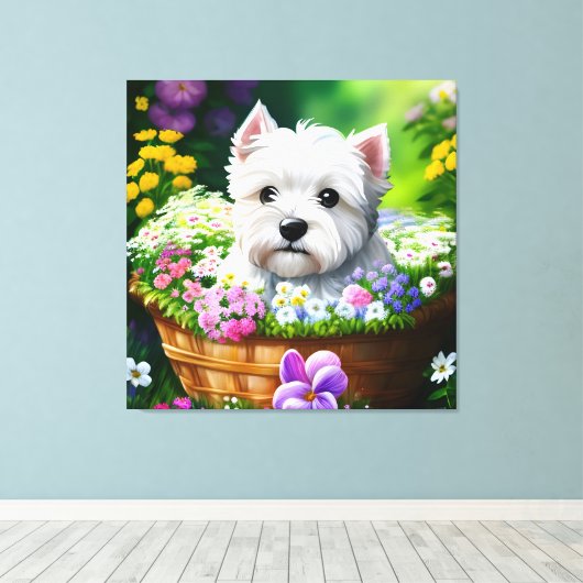 Schattigee Westie White Terrier Puppies in een Man Canvas Afdruk (Insitu (Houten vloer))