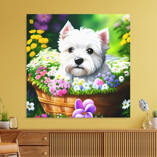 Schattigee Westie White Terrier Puppies in een Man Canvas Afdruk (Insitu (Woonkamer))