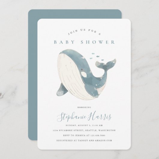 Schattigee Whale Baby shower Party Uitnodiging (Voorkant / Achterkant)