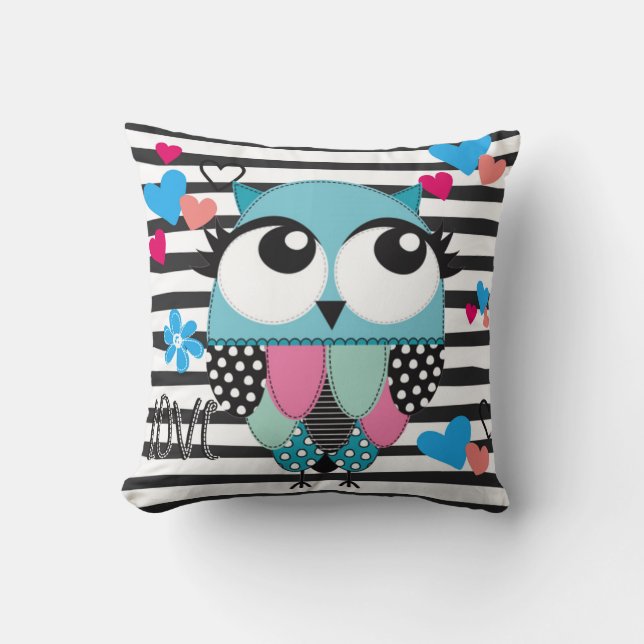 Schattigee Whimsical Blue Uil met wimpers Kussen (Voorkant)