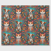 Schattigee Whimsical Folk Art Cat en Dog and Flowe Cadeaupapier (Vlak)