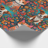 Schattigee Whimsical Folk Art Cat en Dog and Flowe Cadeaupapier (Hoek)