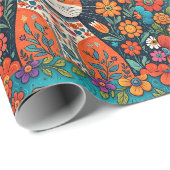 Schattigee Whimsical Folk Art Cat en Dog and Flowe Cadeaupapier (Rol Hoek)