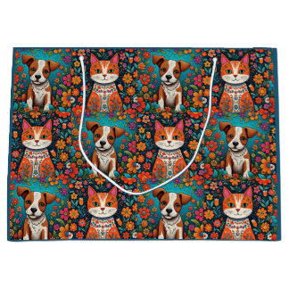 Schattigee Whimsical Folk Art Cat en Dog and Flowe Groot Cadeauzakje