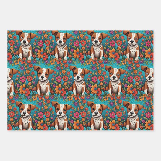 Schattigee Whimsical Folk Art Cat en Dog and Flowe Inpakpapier Vel (Voorkant 2)