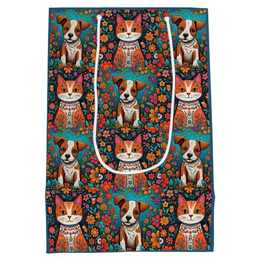 Schattigee Whimsical Folk Art Cat en Dog and Flowe Medium Cadeauzakje (Achterkant)