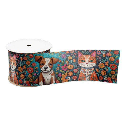 Schattigee Whimsical Folk Art Cat en Dog and Flowe Satijnen Lint (Spoel)