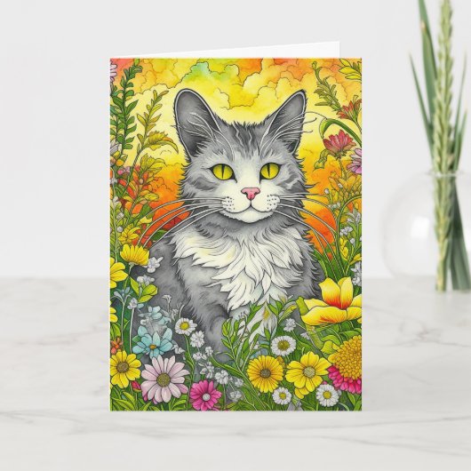 Schattigee Whimsical Folk Art Style Cat en Flowers Kaart (Voorkant)