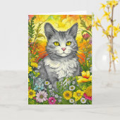 Schattigee Whimsical Folk Art Style Cat en Flowers Kaart (Gele Bloem)