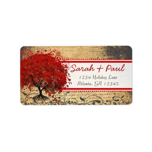 Schattigee Whimsical Heart Leaf Tree Rood Roze Sti Etiket (Voorkant)