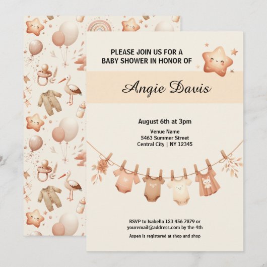 Schattigee Whimsy Baby shower kleding lijn uitnodi Kaart (Voorkant / Achterkant)