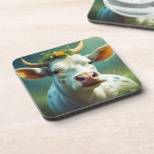 Schattigee White Ai Koe met Horns en Flowers Bier Onderzetter (Linkerzijde)