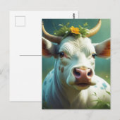 Schattigee White Ai Koe met Horns en Flowers Briefkaart (Voorkant / Achterkant)