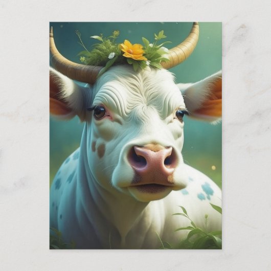 Schattigee White Ai Koe met Horns en Flowers Briefkaart (Voorkant)