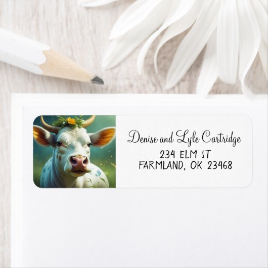 Schattigee White Ai Koe met Horns en Flowers Etiket (Insitu)