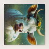 Schattigee White Ai Koe met Horns en Flowers Legpuzzel (Horizontaal)
