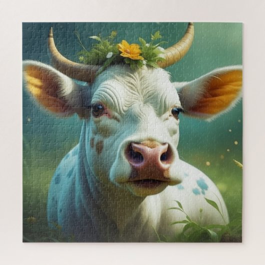 Schattigee White Ai Koe met Horns en Flowers Legpuzzel (Verticaal)