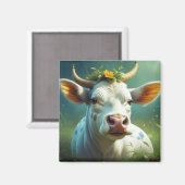 Schattigee White Ai Koe met Horns en Flowers Magneet (Voorkant / Achterkant)