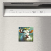 Schattigee White Ai Koe met Horns en Flowers Magneet (Insitu (Vaatwasser))