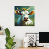 Schattigee White Ai Koe met Horns en Flowers Poster (Thuiskantoor)