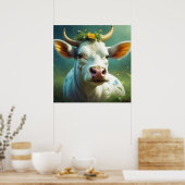 Schattigee White Ai Koe met Horns en Flowers Poster (Keuken)