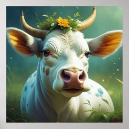 Schattigee White Ai Koe met Horns en Flowers Poster