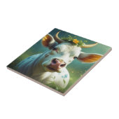 Schattigee White Ai Koe met Horns en Flowers Tegeltje (Zijkant)