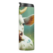 Schattigee White Ai Koe met Horns en Flowers Thermosbeker (Geroteerd rechts)