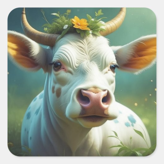 Schattigee White Ai Koe met Horns en Flowers Vierkante Sticker (Voorkant)