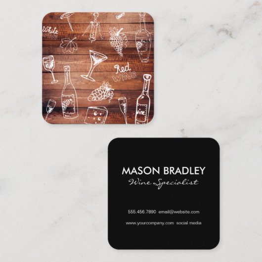 Schattigee wijnillustraties en houten paneel rusti vierkante visitekaartje (Voorkant / Achterkant)