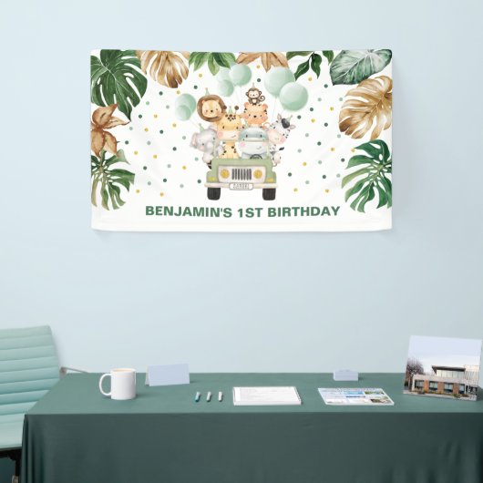 Schattigee Wild Oerwoud Safari Dieren Verjaardagsp Spandoek (Beurs)