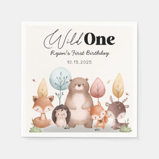 Schattigee Wild One Forest Woodland Animals Verjaa Servet (Voorkant)